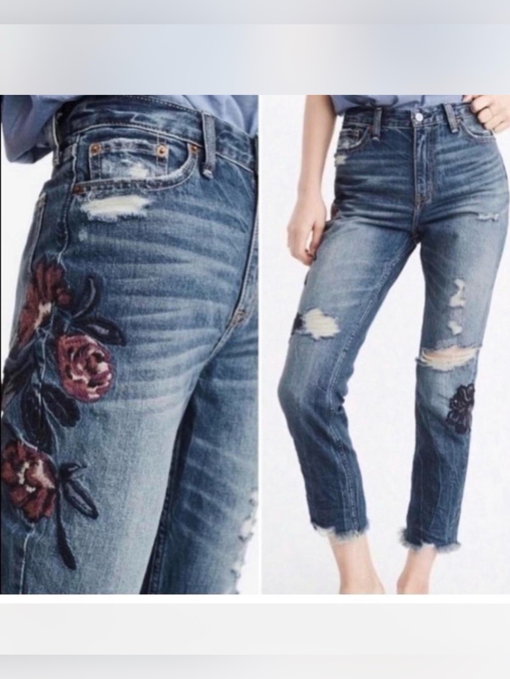 A&F High Waisted Distressed Girlfriend Jeans Embroidered Tattoo Rose Floral 6/28